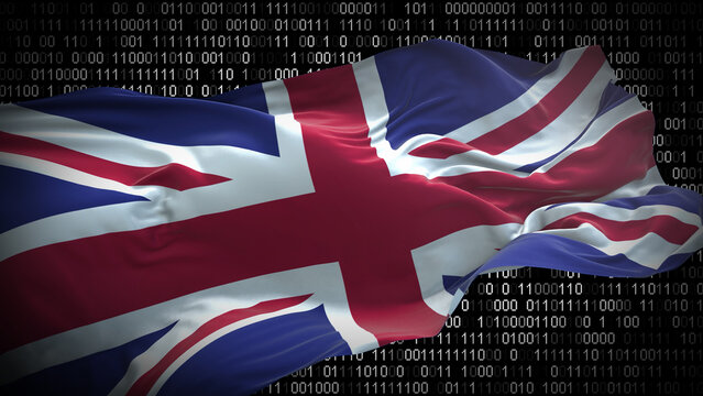 Binary code on flag of United Kingdom. Program source code or Hacker concept on British flag, UK flag, England flag, Great Britain flag. United Kingdom digital technology security, hacking or programm