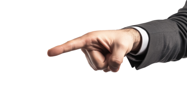 a businessman pointing at a blank space, with a confident expression and sharp focus