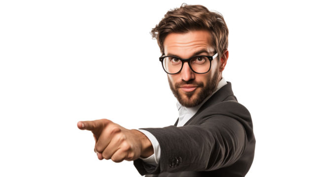 a businessman pointing at a blank space, with a confident expression and sharp focus