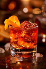 negroni cocktail with an orange peel on the side