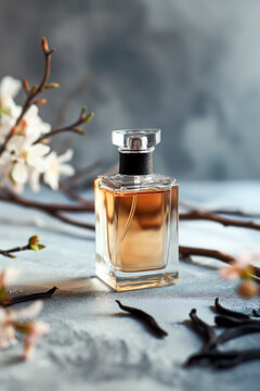 elegant perfume bottle surrounded by white flowers and vanilla