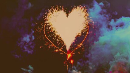 A glowing heart shape made of golden sparklers lights up the night sky, surrounded by fireworks and smoke. This romantic and festive scene is perfect for celebrations, love-themed events.