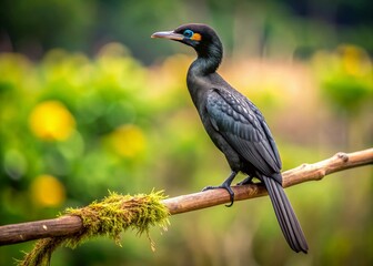 Obraz premium Elegant Black Bird with Long Neck Perched Gracefully on a Branch Against a Blurred Natural Background