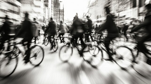 Cyclists gracefully navigate a busy urban landscape capturing the essence of daily commuting