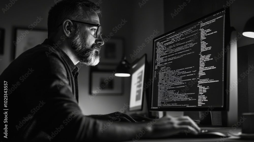 Wall mural a programmer types intricate code on a screen focused and immersed in the night