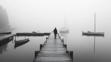 Obraz premium A person strolls down a serene pier embraced by a blanket of fog and silent boats