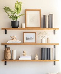 plants and decoration on wooden shelf