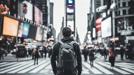 A lone wanderer stands amidst a vibrant city immersed in the dynamic atmosphere of urban life