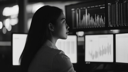 An analyst deeply engaged in interpreting intricate data displayed on multiple screens