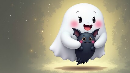 Cute Ghost Hugging a Friendly Bat