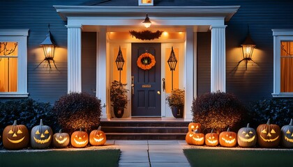 A doorway decorated for Halloween .AI Generated image