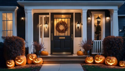 A doorway decorated for Halloween .AI Generated image