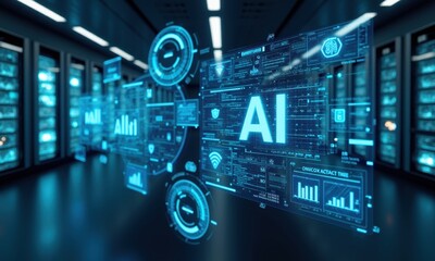 Futuristic Data Center with AI and Analytics Visuals