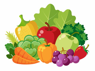 Assorted fresh fruits and vegetables including an apple, grapes, a carrot, a tomato, and leafy greens on a white background 