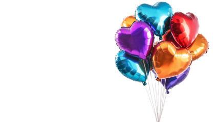 Colorful balloons in heart shapes, including hearts, floating in the air, perfect for celebrations like birthdays and Valentine's Day
