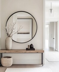 interior of modern house floor and round mirror