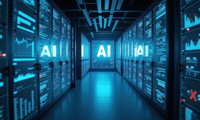 Futuristic Data Center with AI Technology Visuals