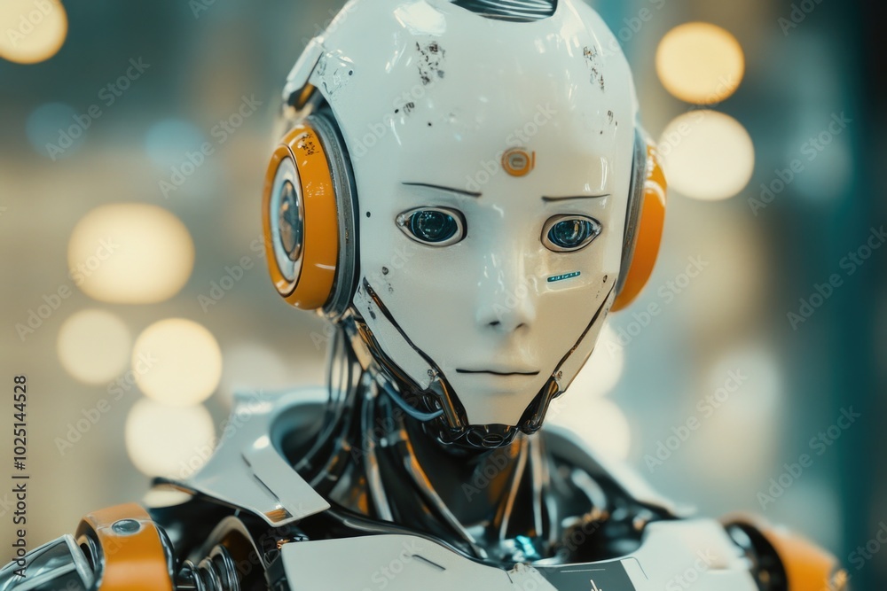 Poster close-up shot of a robot wearing headphones, suitable for use in illustrations about technology or f