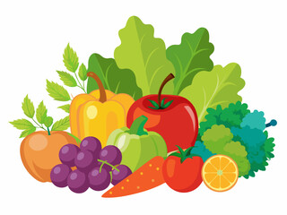 Assorted fresh fruits and vegetables including an apple, grapes, a carrot, a tomato, and leafy greens on a white background 