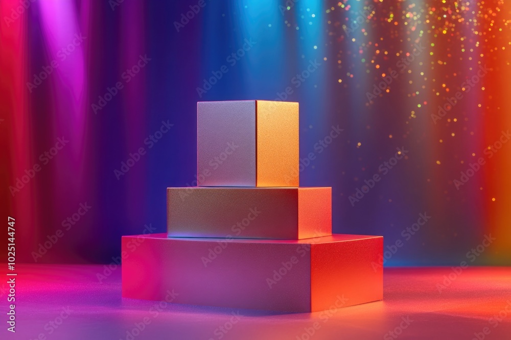 Poster three boxes stacked on top of each other with colorful lights in the background, suitable for illust