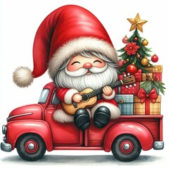 Gnome Santa Playing Guitar on Red Truck with Christmas Tree and Gifts