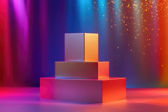 Three boxes stacked on top of each other with colorful lights in the background, suitable for illustrations or designs related to celebrations, parties, or events