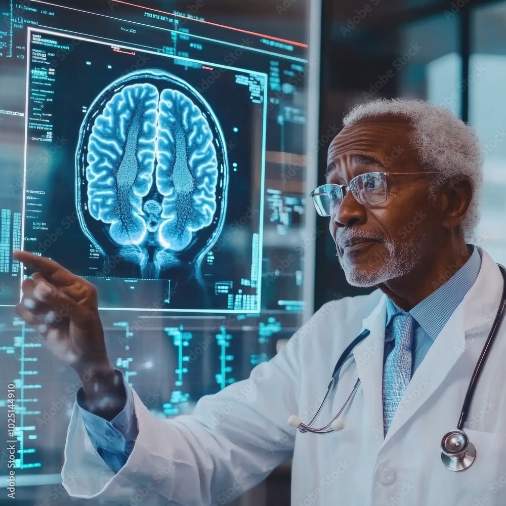 Poster a scientist looks at a brain scan, possibly analyzing or diagnosing a patient's condition