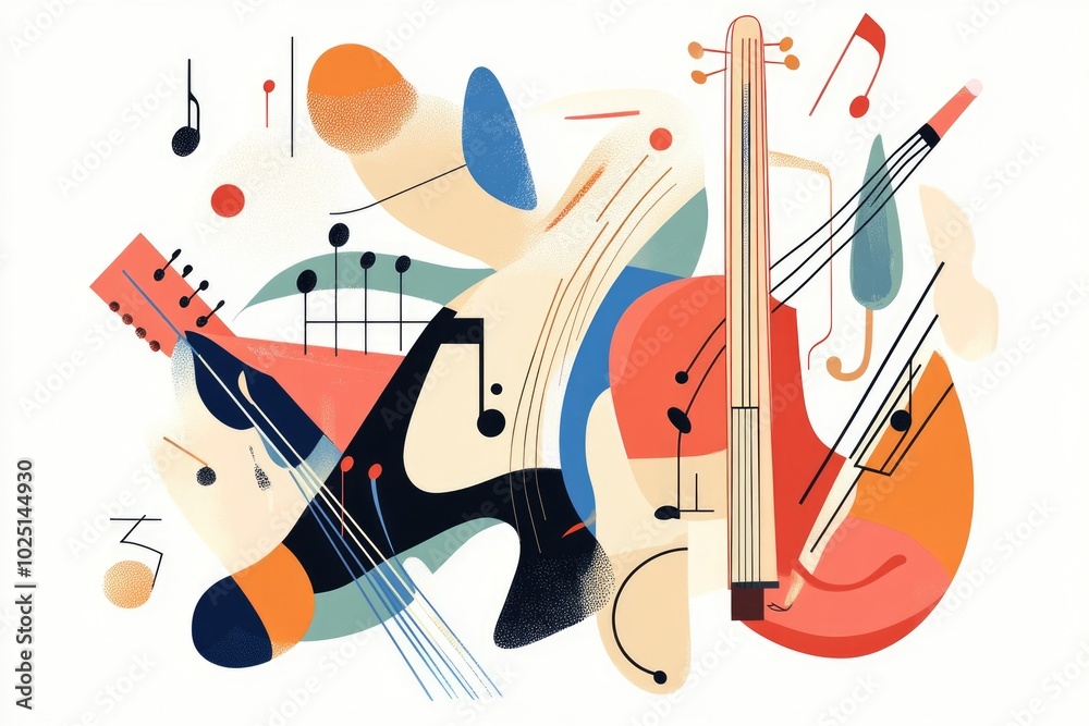 Poster collection of various musical instruments and sheet music notes