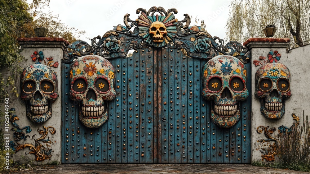 Poster a mysterious gate with three skulls, often used as a symbol of entrance or warning