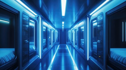 A long hallway with blue lights and a single bed at the end