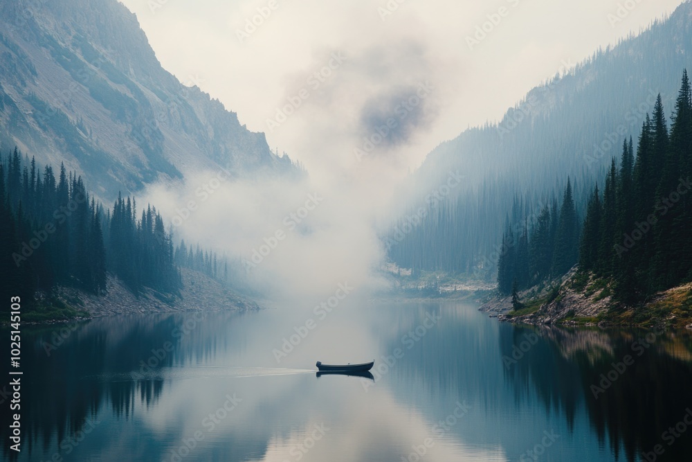 Aufkleber a small boat is floating on the surface of a calm lake, surrounded by nature