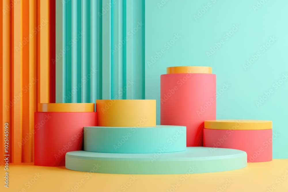 Poster A collection of brightly colored containers arranged on a table for display or storage