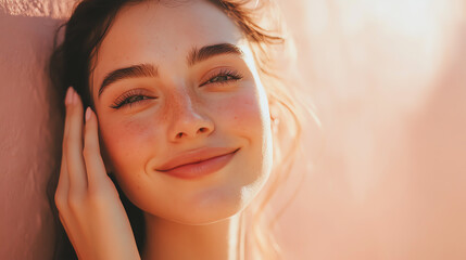 Naklejka premium A bright, closeup shot of a woman with perfectly smooth skin, smiling gently while her hand lightly touches her cheek
