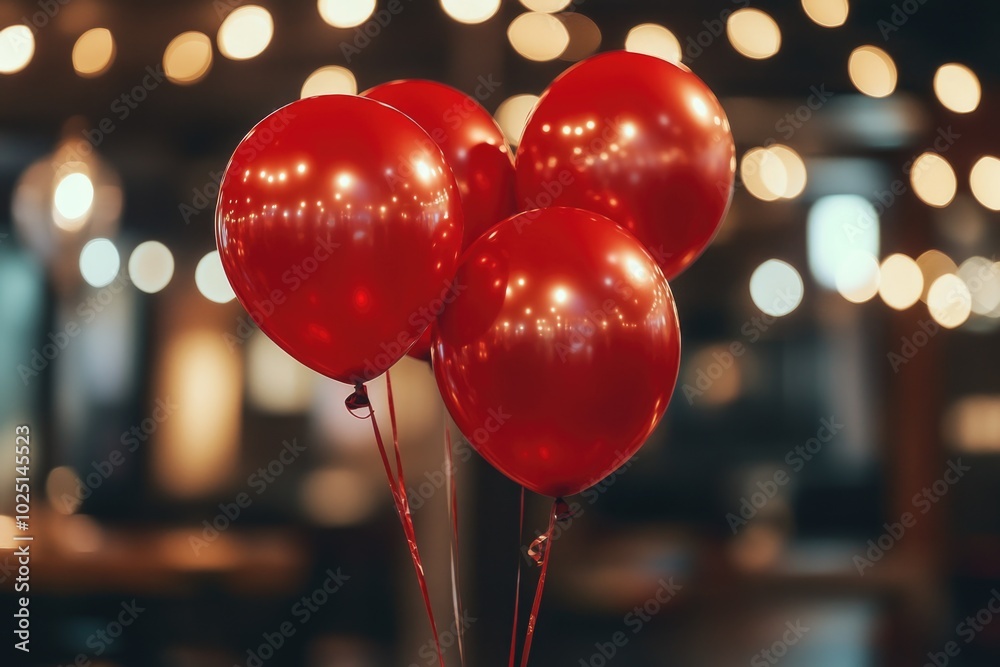 Poster a cluster of red balloons tied together, sitting on a table surface