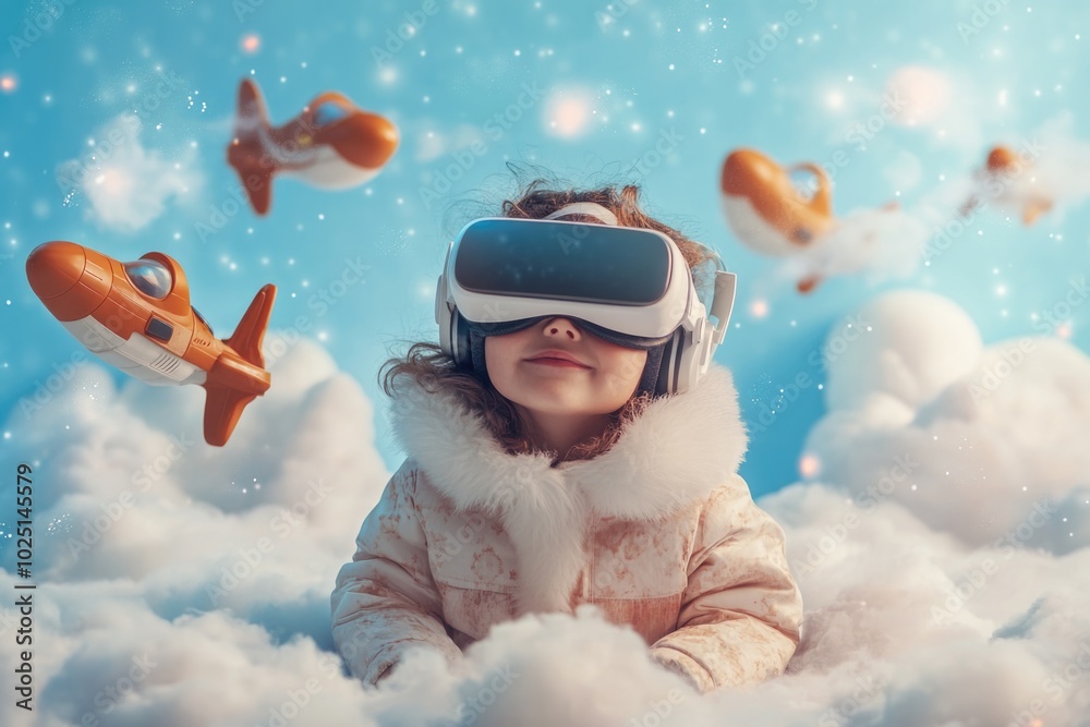 Poster a young child wearing a virtual reality headset surrounded by clouds, ideal for use in technology an