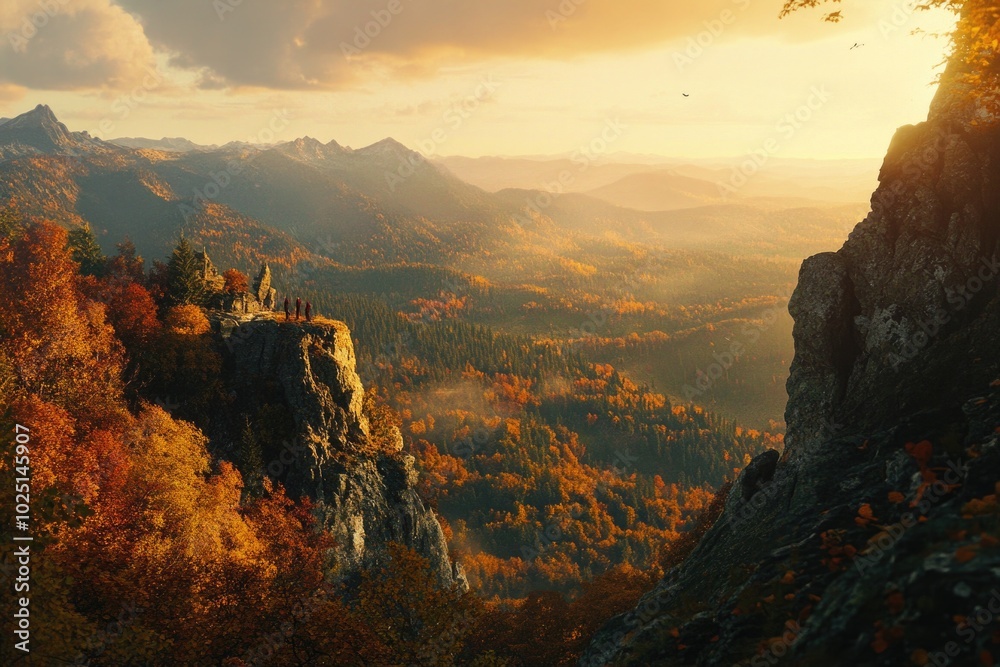 Poster A scenic view of a mountain range with trees and greenery in the foreground