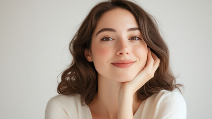 Naklejka premium A portrait of a confident woman with flawless, radiant skin, softly smiling while resting her hand on her cheek in a white background