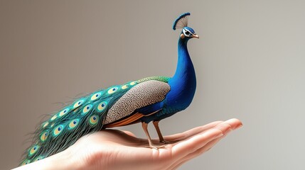 Fototapeta premium Elegant miniature peacock standing on a hand, minimalist style emphasizing the beauty of nature's creatures with clean, simple lines.