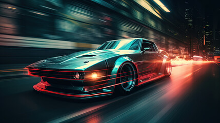 Obraz premium Street racing scene with sport car in neon lights. Speed lines and light trails of night urban drive.