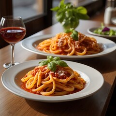 Delicious juicy pasta with Tomato Sauce with some salad served and plate pasta dish