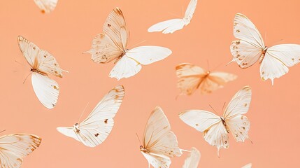   Pink backdrop with white butterflies flying, except for one on the left