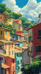 Fototapeta premium A vibrant scene of colorful houses nestled on a hillside under a bright blue sky with fluffy clouds, showcasing charming architecture and lush greenery.