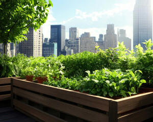 Fototapeta premium A vibrant rooftop garden surrounded by city skyscrapers, featuring lush greenery in wooden planters under bright sunlight.