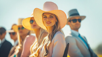 Well dressed English people watching Horse racing event at summer sunny day