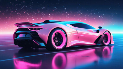 Luxury sports car in neon sky blue and pink lights, powerful acceleration of a supercar. Electric car on high speed running concept, sense of technology, HD wallpaper, backgrounds.