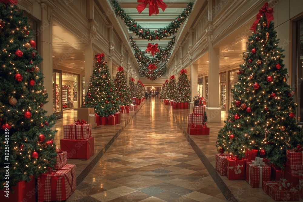 Wall mural A cozy holiday scene with Christmas trees and presents in a hallway