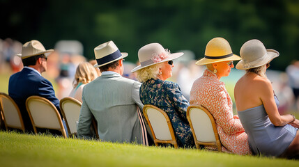 Well dressed English people watching Horse racing event at summer sunny day