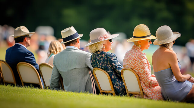 Well dressed English people watching Horse racing event at summer sunny day