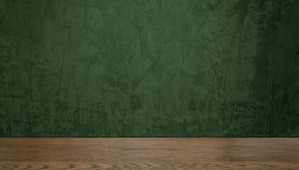 walnut wooden counter table at foreground with dark green concrete wall at background. real countertop image for displayed products, natural concept. grunge concrete wall and wooden table for design.
