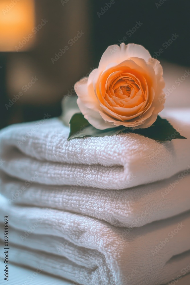 Wall mural A stack of folded towels with a single rose on top, perfect for interior design or bathroom decoration